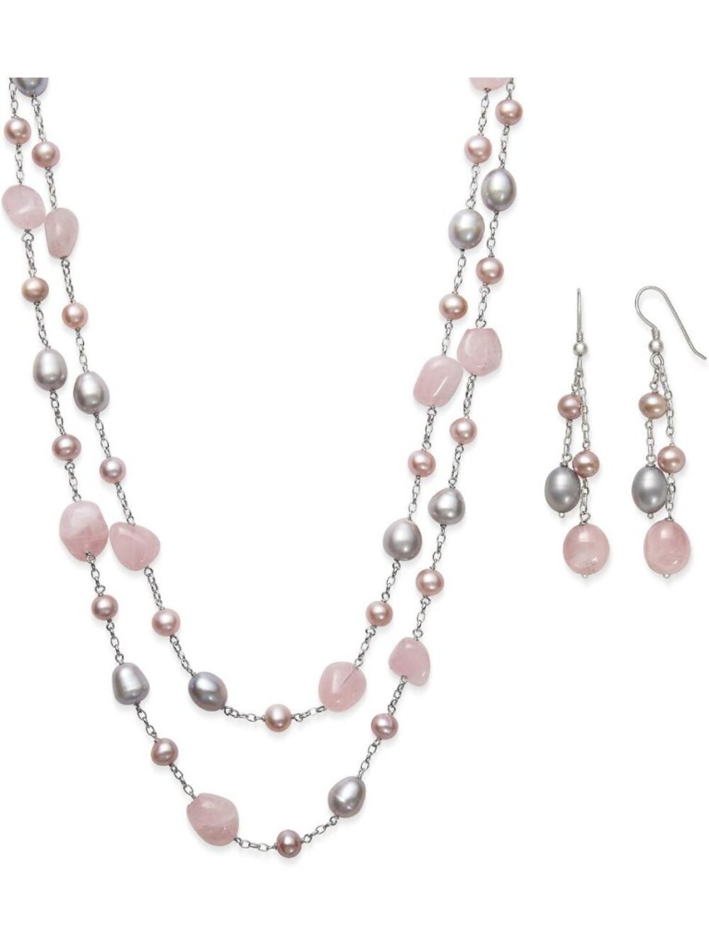 Layered Aquamarine & Rose Quartz Pearl Necklace - Sterling Silver, 18